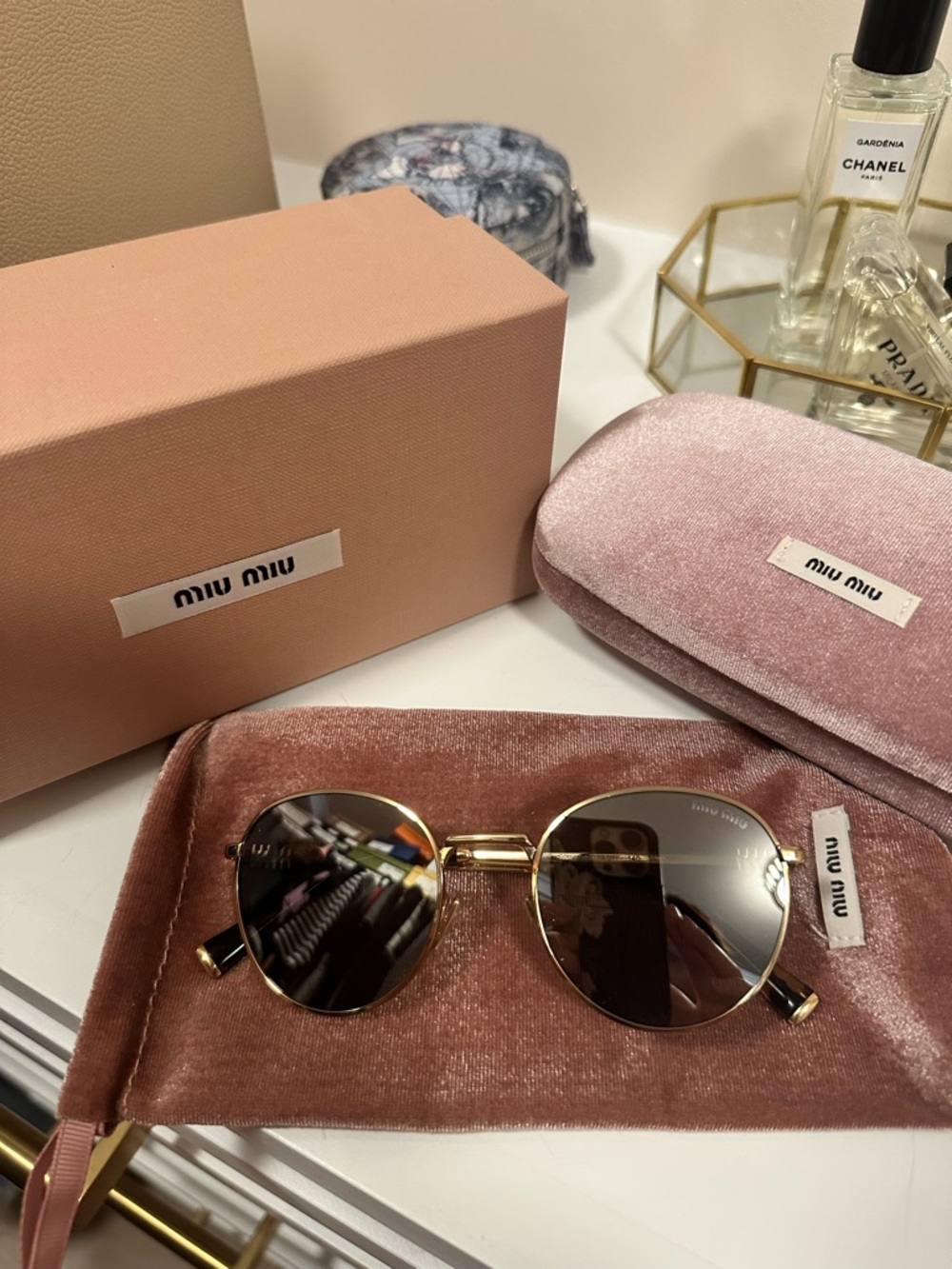 Miu Miu Gold Rim Round Sunglasses - full inclusion with shopping bag - Picture 14 of 14